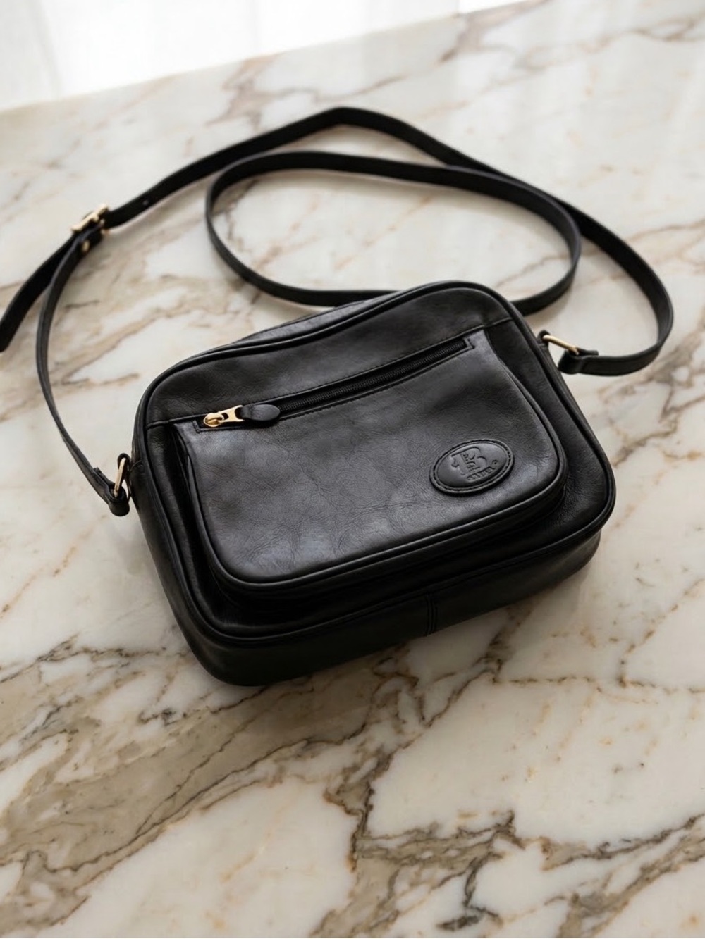 Vintage Italian Black Leather Crossbody Bag Artisan Made in Italy Minimalist